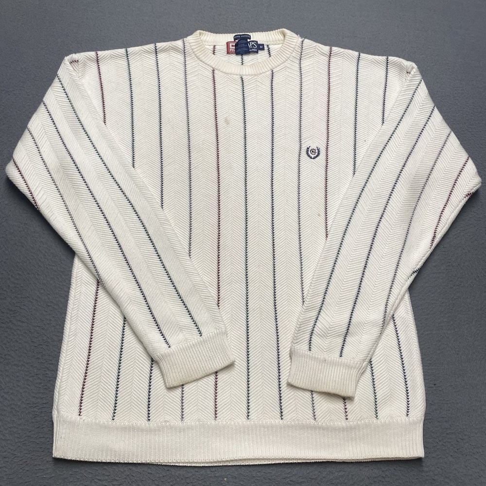 Chaps Ralph Lauren Sweater Mens Medium White Stripe Crewneck Pullover Cotton‎